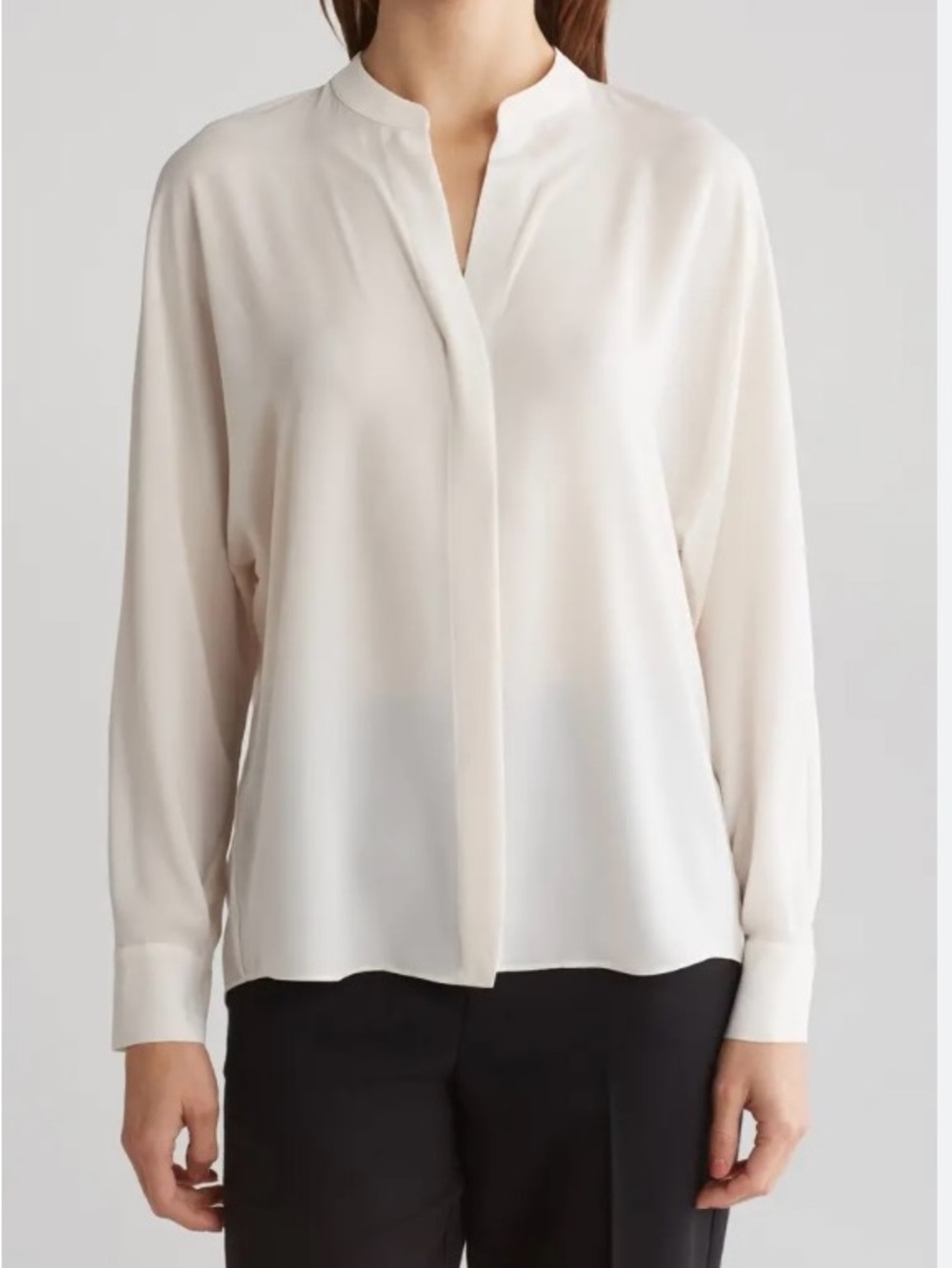 Vince Cream Split-Neck Long Sleeve Blouse